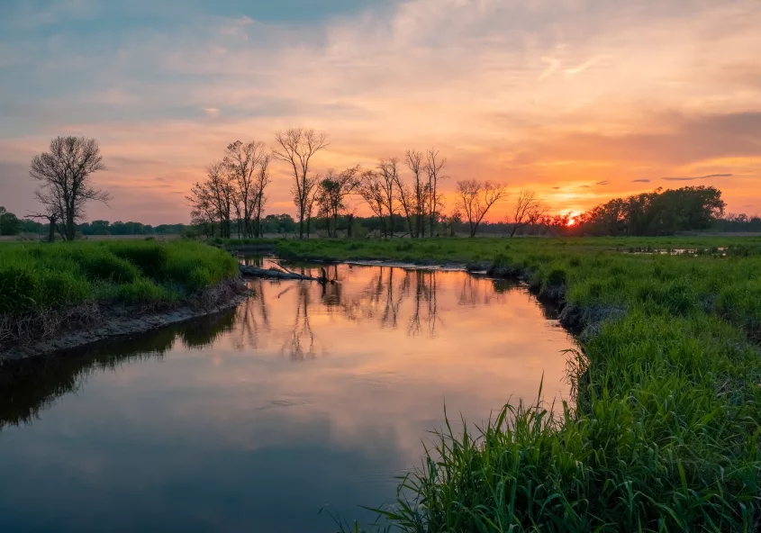 Paisaje de amanecer en río tropical