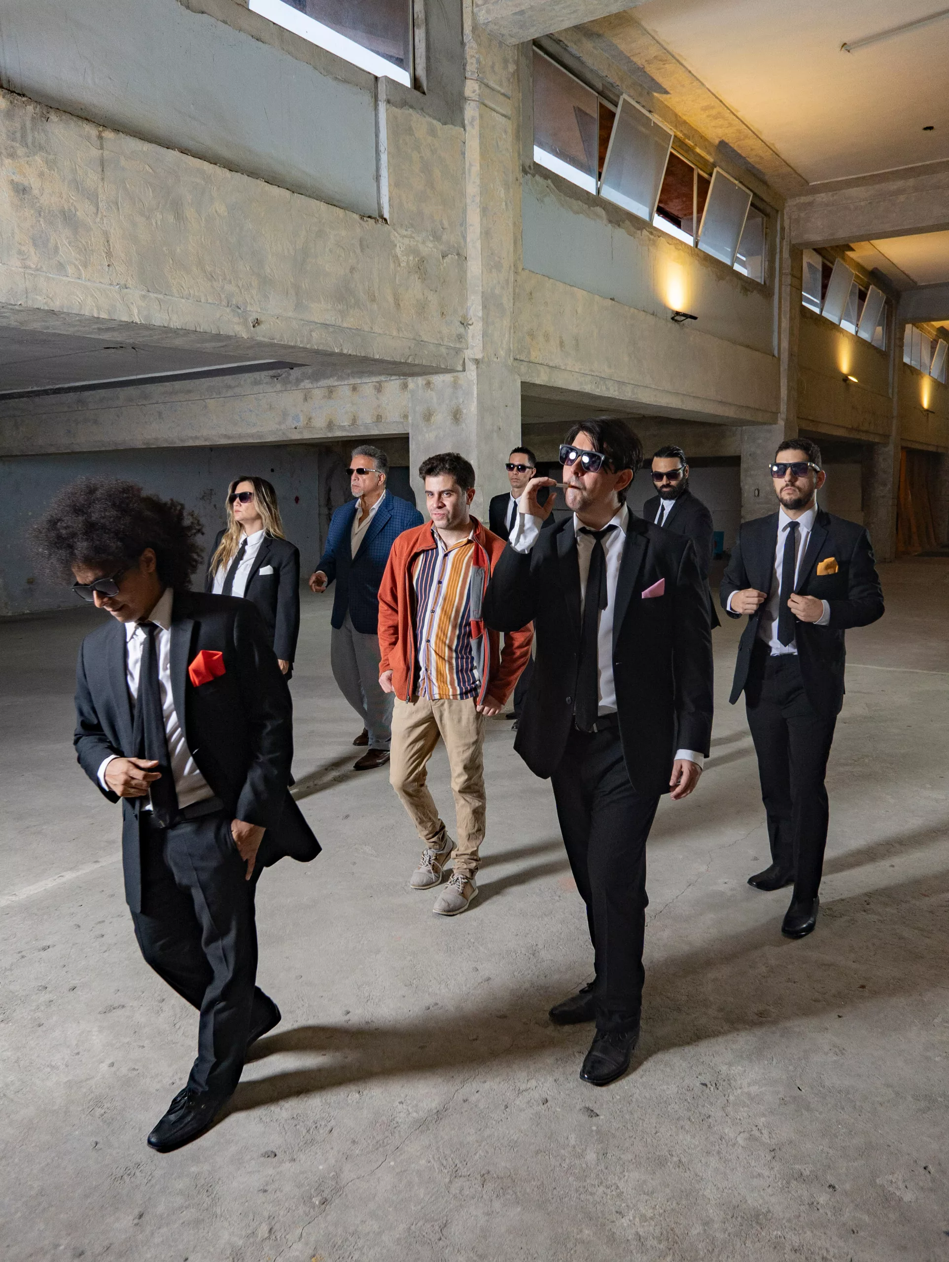 The reservoir dogs leaving a warehouse, walking towards a heist.